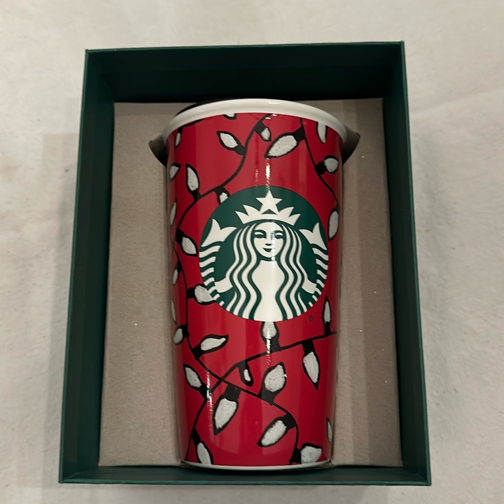 Starbucks 2016 Holiday Lights ceramic travel mug with lid